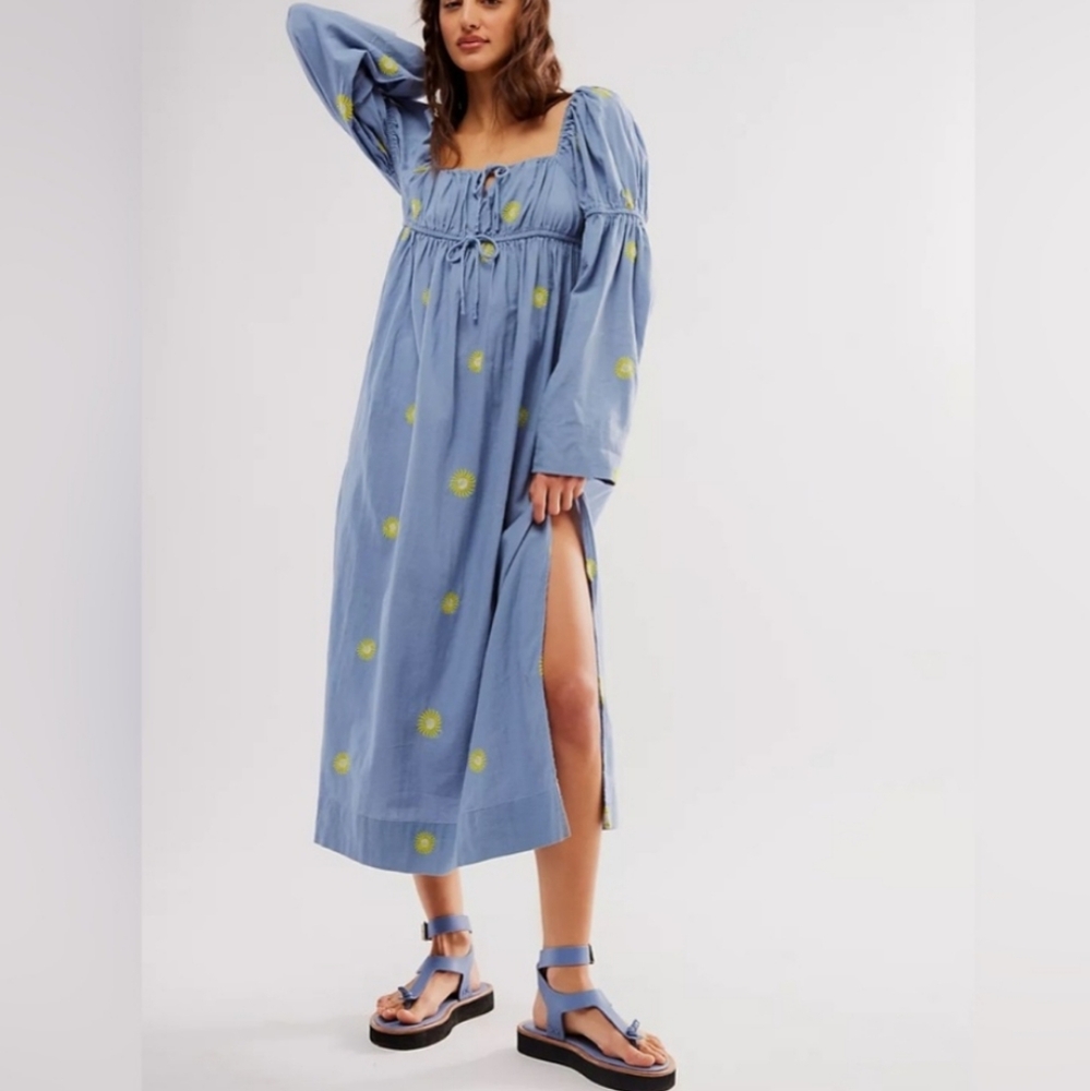 Free People Emory Embroidered Cotton-Linen Blend Maxi Dress size L
